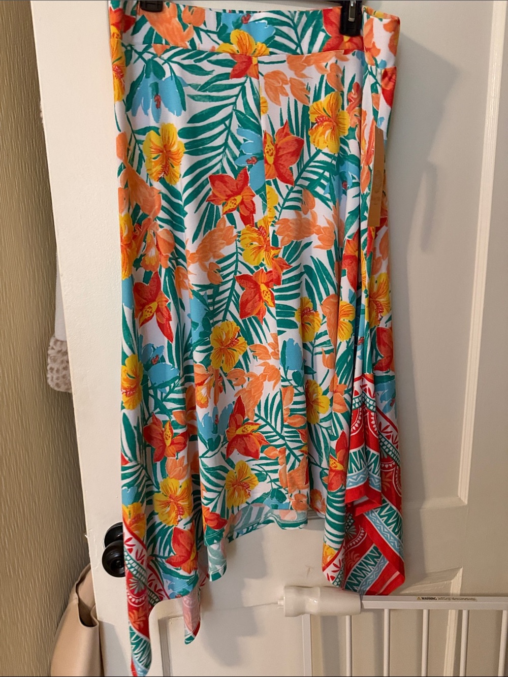 Ruby Rd. Tropical Floral A-Line Skirt in Teal, Yellow, Orange, Red